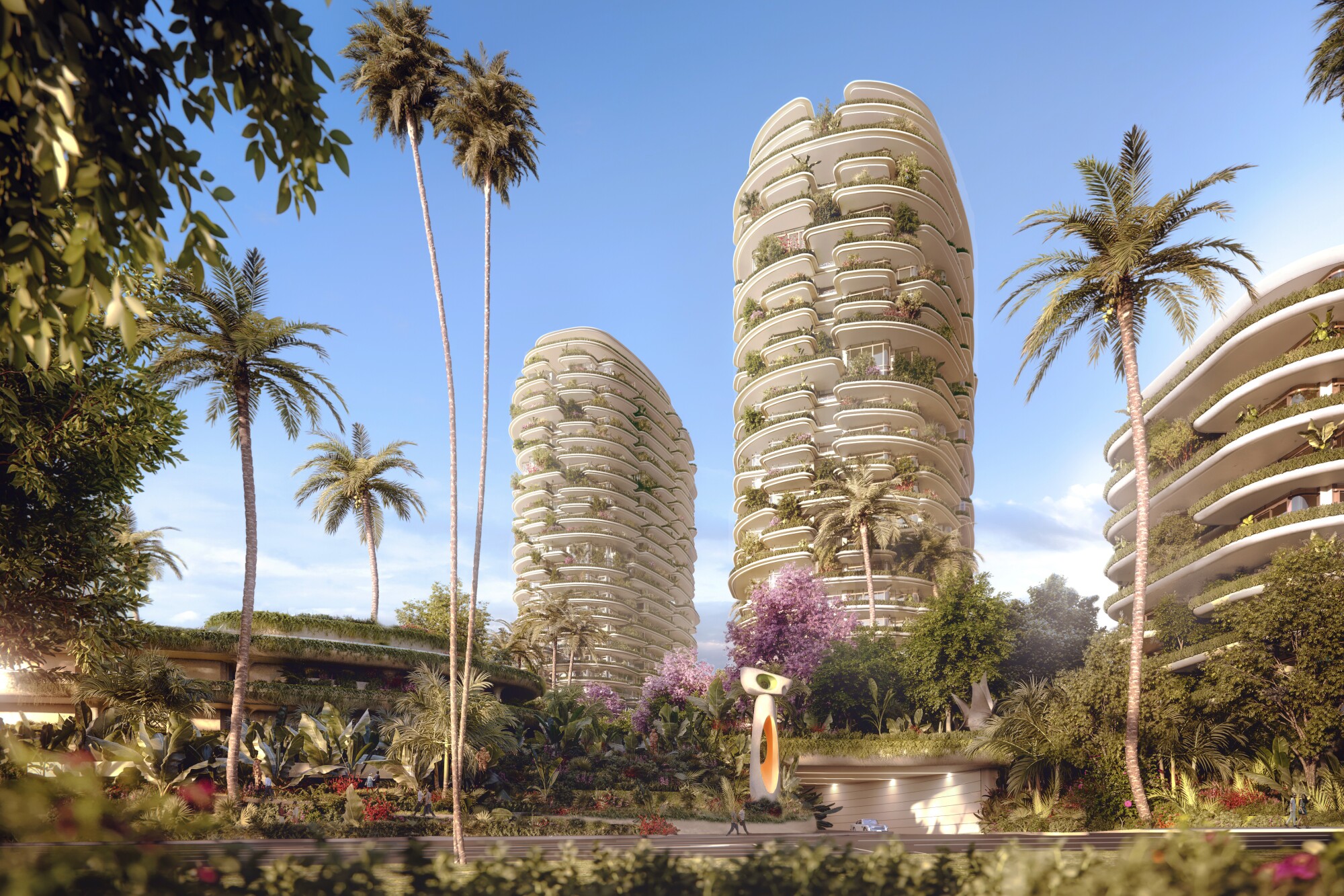 A rendering shows One Beverly Hills, a planned $2-billion garden-like residential and hotel complex in Beverly Hills. The Aman hotel is on the right.(Foster + Partners)