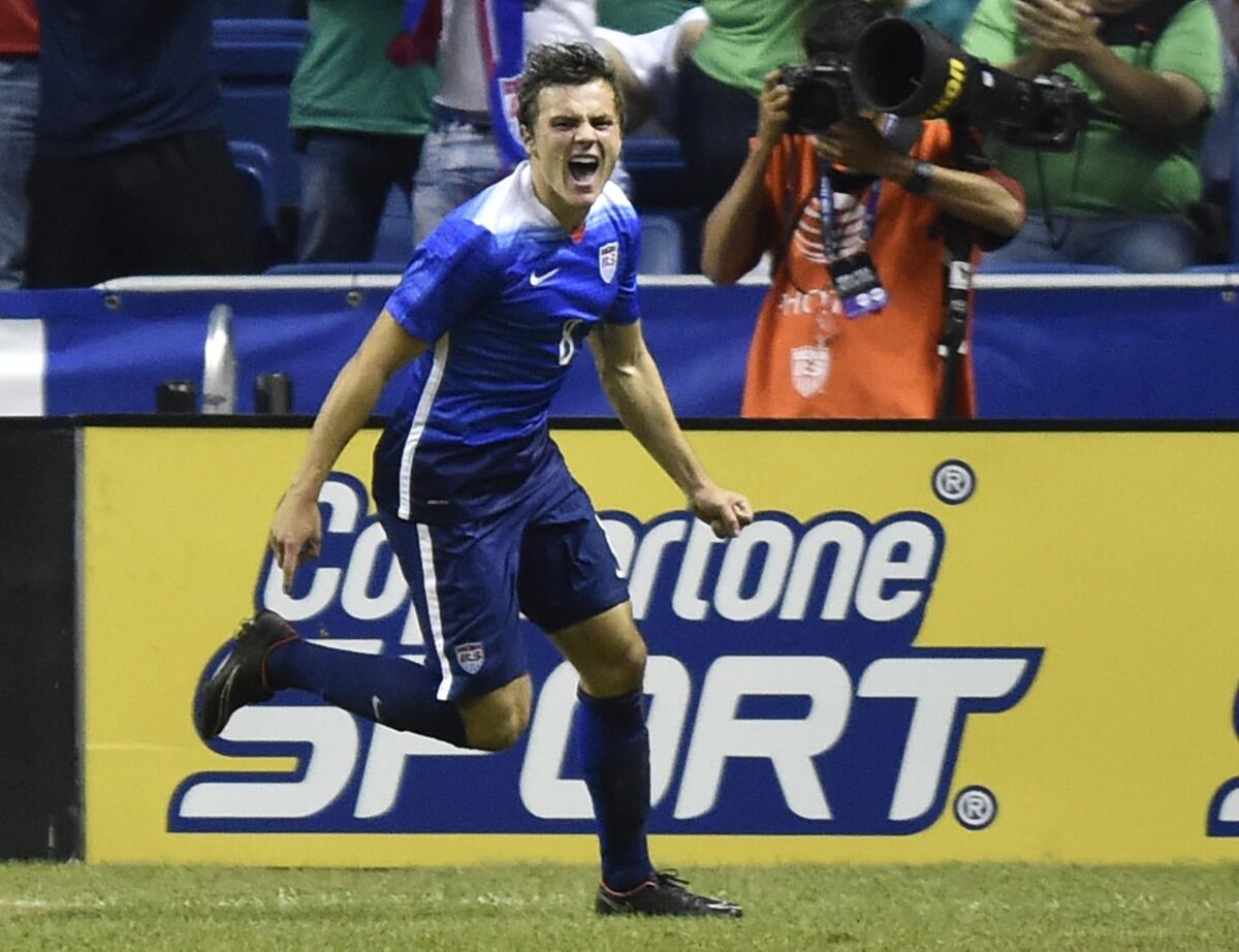 Jordan Morris celebrates scoring his first international goal in the United States' 2-0 win over Mexico in San Antonio, Texas on April 15.