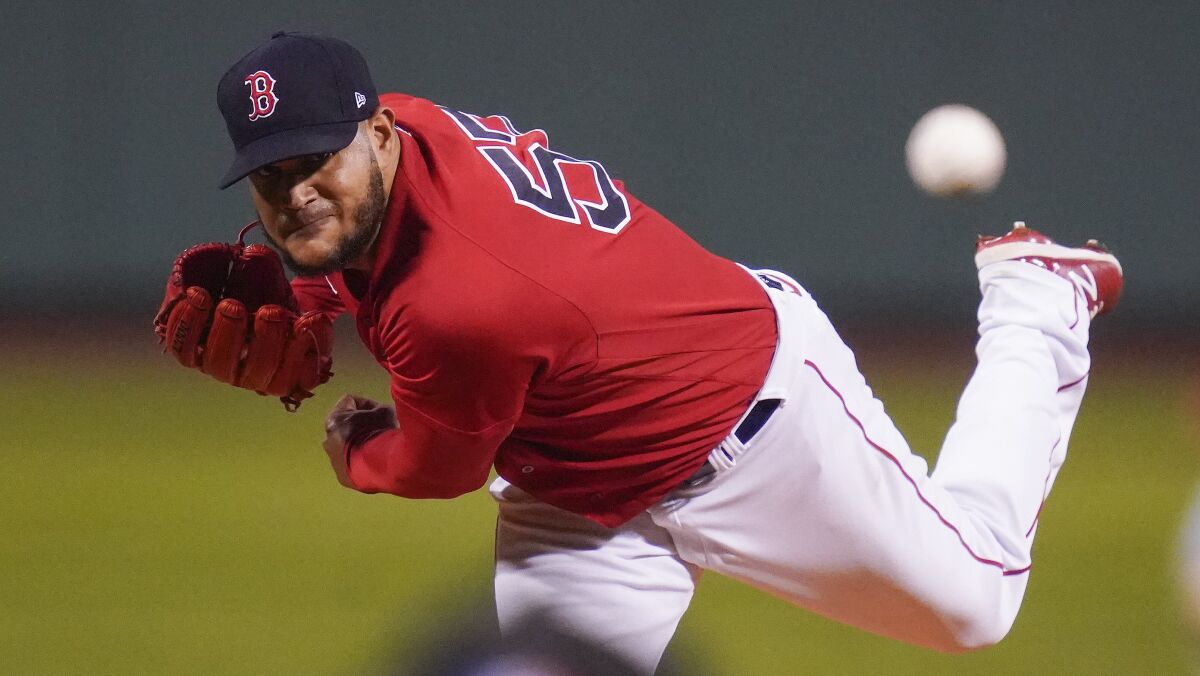Boston Red Sox pitcher Eduardo Rodriguez delivers against the Tampa Bay Rays during the first inning during Game 4 of a baseball American League Division Series, Monday, Oct. 11, 2021, in Boston. (AP Photo/Charles Krupa)