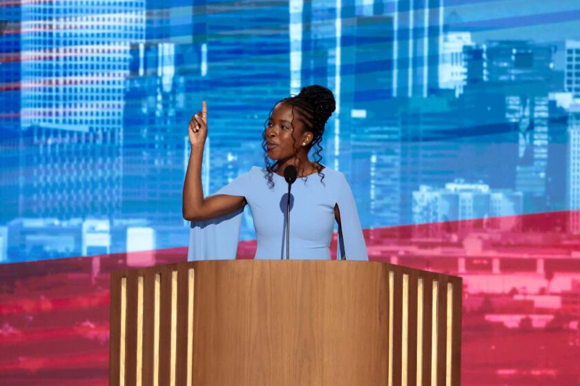 DNC CHICAGO, IL AUGUST 21, 2024 - Poet Amanda Gorman speaks during the Democratic National Convention Wednesday, Aug. 21, 2024, in Chicago, IL. (Myung J. Chun/Los Angeles Times)