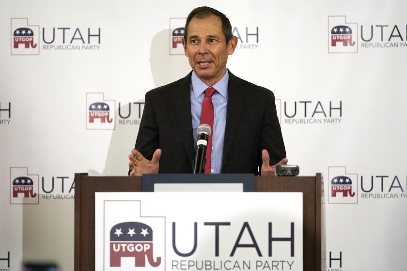 FILE - Utah's 3rd Congressional District Republican incumbent John Curtis speaks during an election night party, Nov. 3, 2020, in Sandy, Utah. Curtis announced he is jumping into the race Tuesday, Jan. 2, 2024, for the Utah U.S. Senate seat being vacated by Mitt Romney. (AP Photo/Rick Bowmer, File)