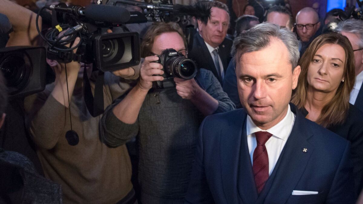 Norbert Hofer, presidential candidate of Austria's right-wing Freedom Party, arrives for a campaign rally Dec. 2 in Vienna.