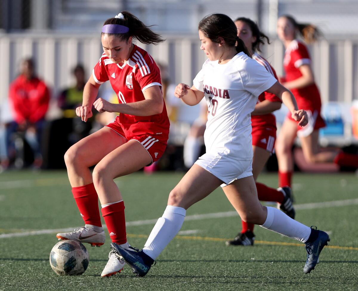 Burbank girls soccer player Olivia Aguilar controls the ball in game vs. Arcadia, at home in Burbank on Tuesday, Jan. 7, 2020.