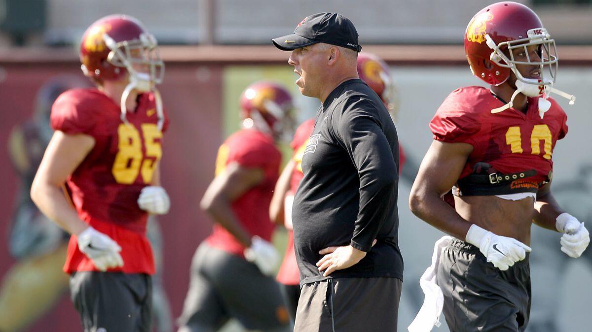 USC coach Clay Helton leads his squad in spring practice at USC on Tuesday.