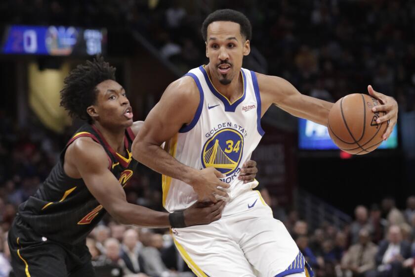 FILE - In this Dec. 5, 2018, file photo, Golden State Warriors' Shaun Livingston (34) drives past Cleveland Cavaliers' Collin Sexton (2) in the second half of an NBA basketball game in Cleveland. Livingston announced his retirement Friday, Sept. 13, 2019, following 15 NBA seasons, an expected move. (AP Photo/Tony Dejak, File)