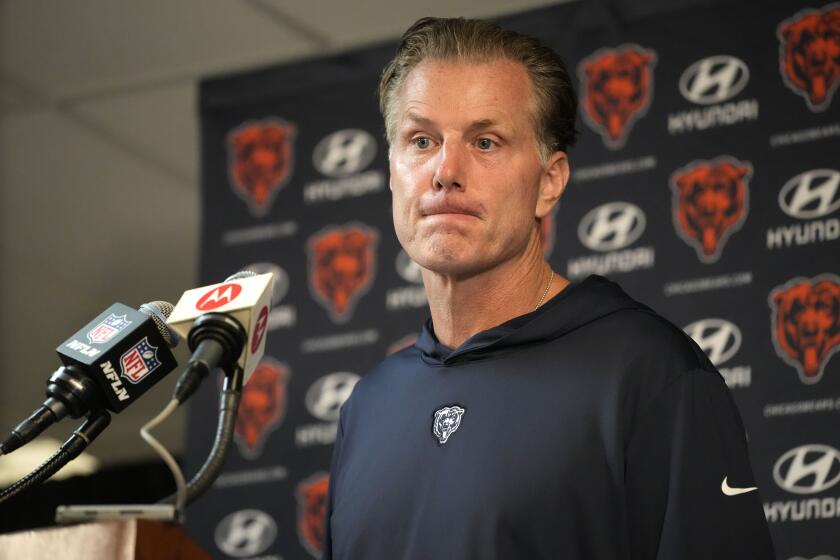 Chicago Bears head coach Matt Eberflus listens to a question after his team's 31-28 loss to the Denver Broncos in an NFL football game Sunday, Oct. 1, 2023, in Chicago. (AP Photo/Nam Y. Huh)
