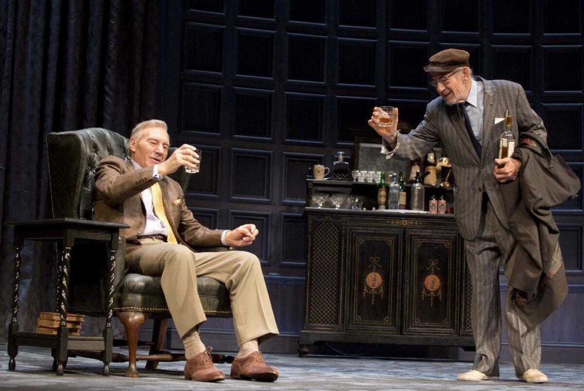 Patrick Stewart, left, and Ian McKellen, in Harold Pinter's play "No Man's Land, " directed by Sean Mathias, at the Cort Theatre in New York.
