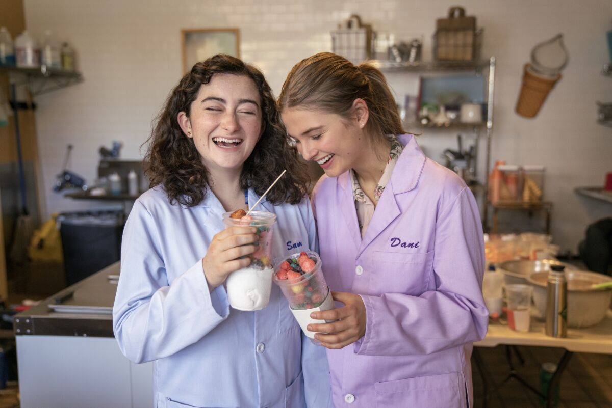 A pajama-clad Abby Quinn, left, and Stefanie Scott in the movie "Good Girls Get High."