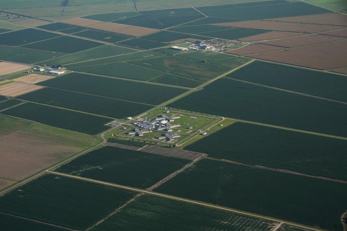 In this aerial photo, the Louisiana State Penitentiary is surrounded by agricultural land in Angola, La.