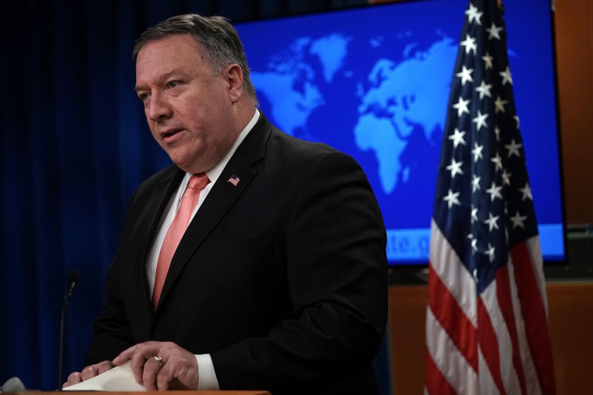 Secretary of State Mike Pompeo speaks to members of the media in the briefing room of the State Department on Tuesday.