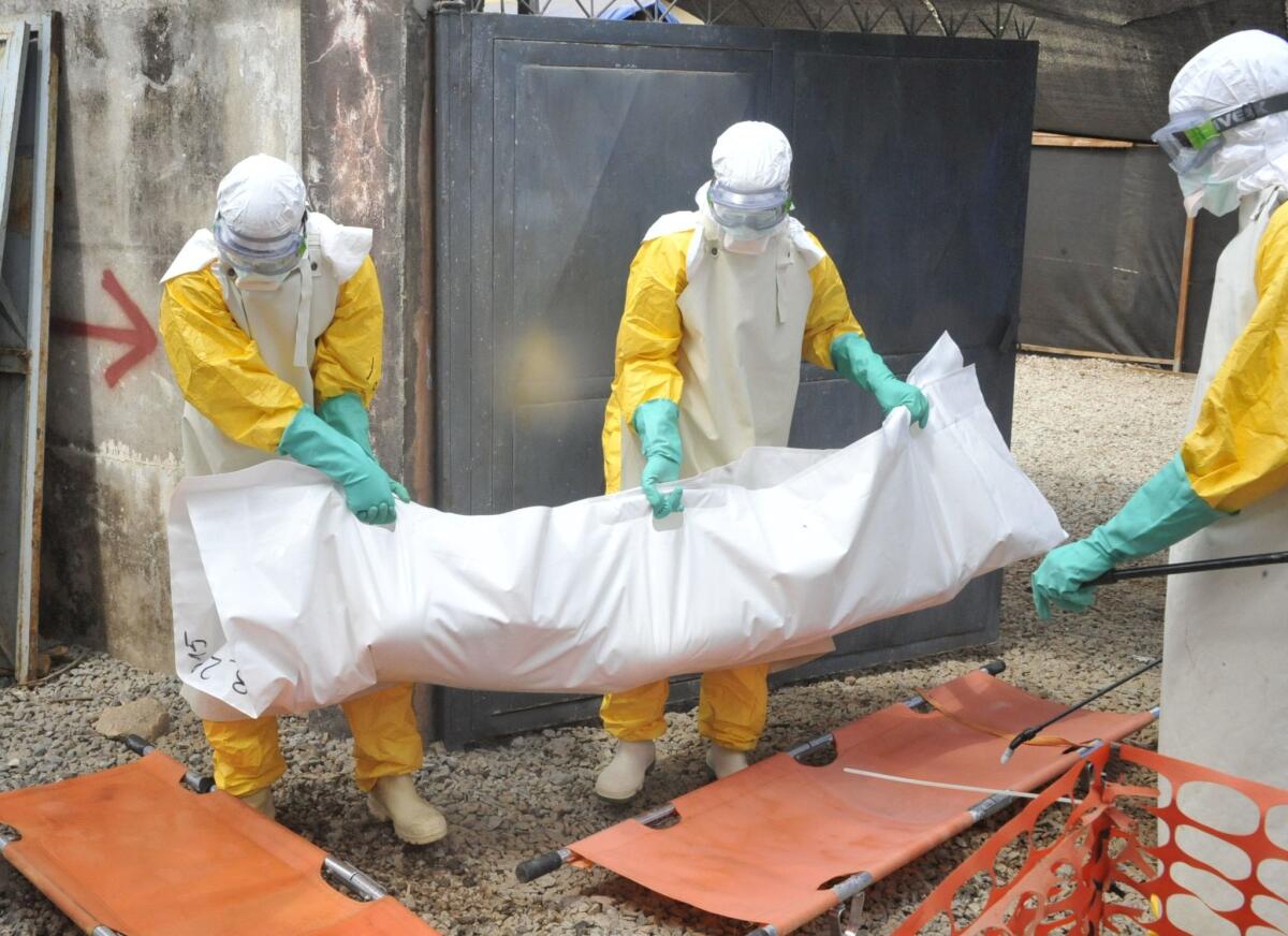 Members of the Guinean Red Cross carry the body of a person who died from the Ebola virus in Conakry in March. A study conducted there could not find evidence that transfusions of blood plasma from Ebola survivors helped patients recover from the disease.