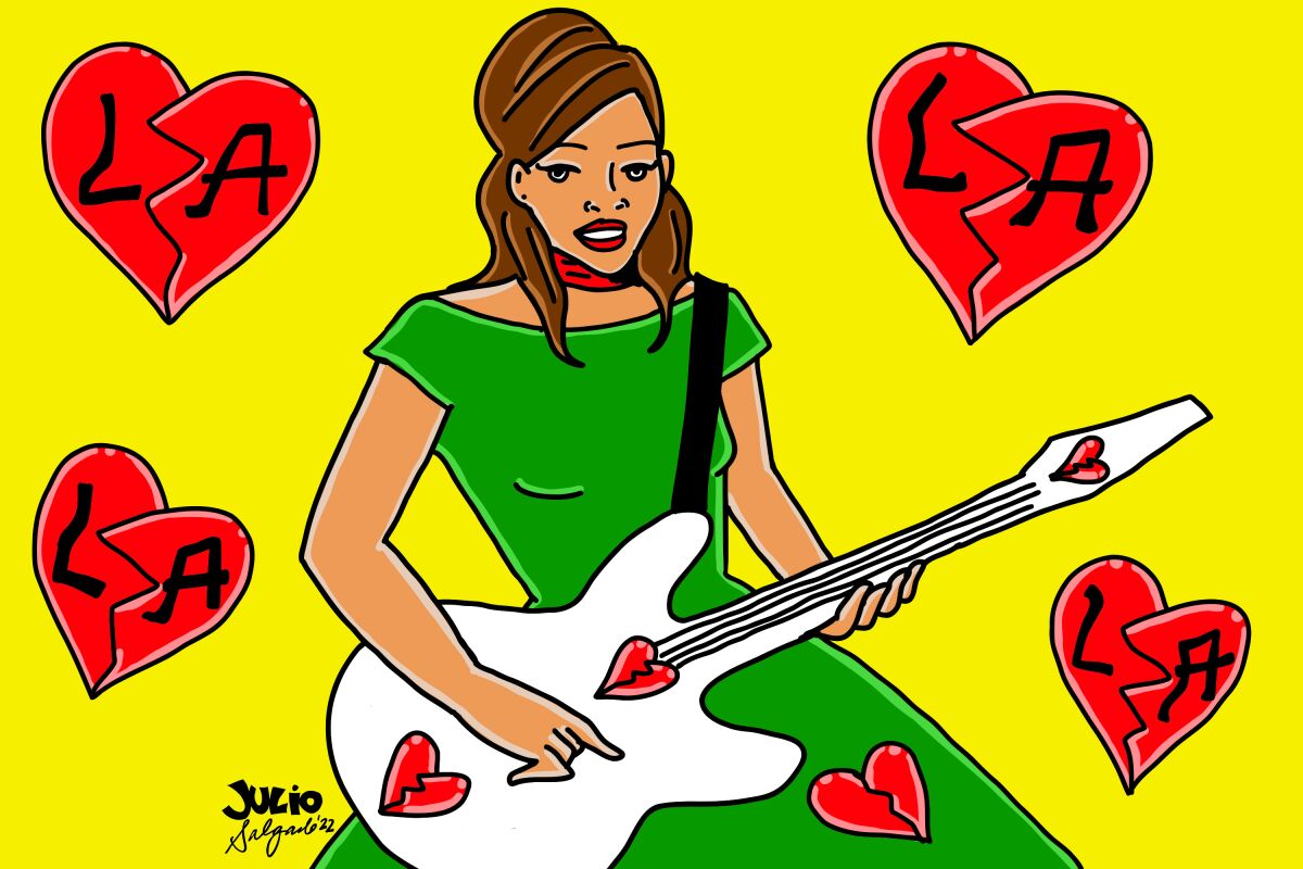 Pilar Diaz strums a guitar with broken hearts around her 
