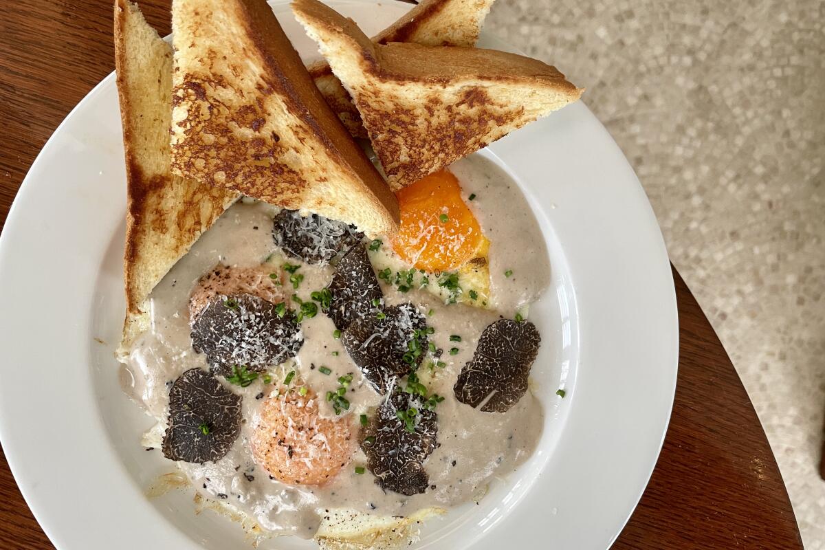 The truffled eggs with toast points from Saltie Girl in West Hollywood.
