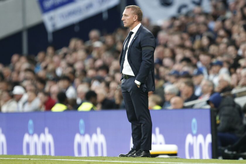 Leicester's manager Brendan Rodgers follows the game during the English Premier League soccer match between Tottenham Hotspur and Leicester City at Tottenham Hotspur Stadium, in London, Saturday, Sept. 17, 2022. (AP Photo/David Cliff)