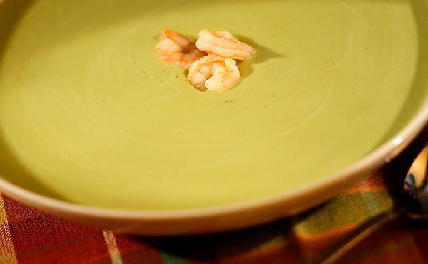 Chilled avocado and watercress soup with shrimp