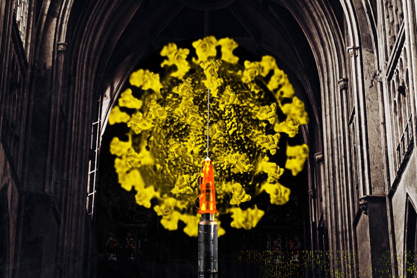 An illustration of a syringe and coronavirus with a Catholic cathedral in the background.