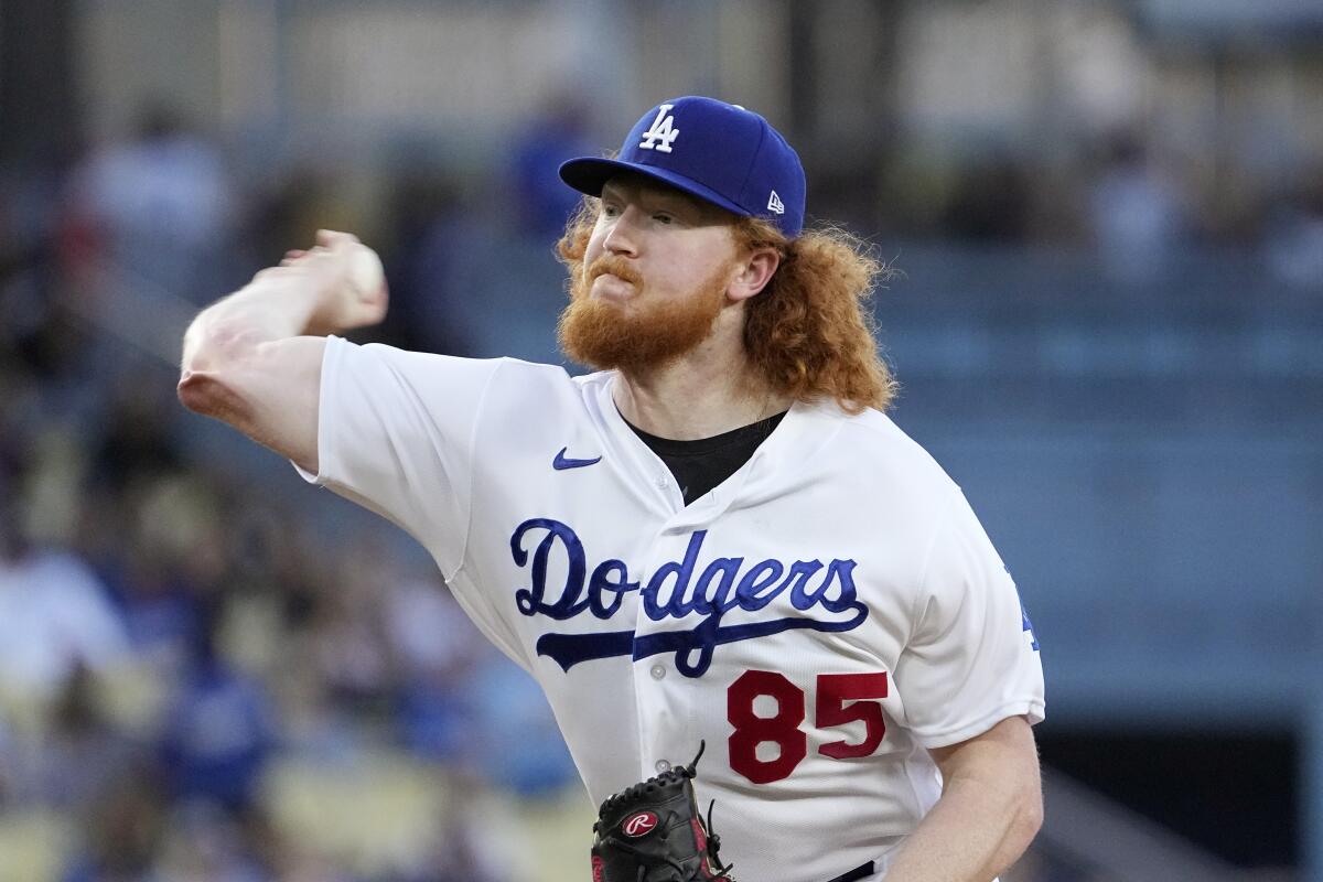 Dodgers starter Dustin May pitches during the first inning May 12, 2023, in Los Angeles.