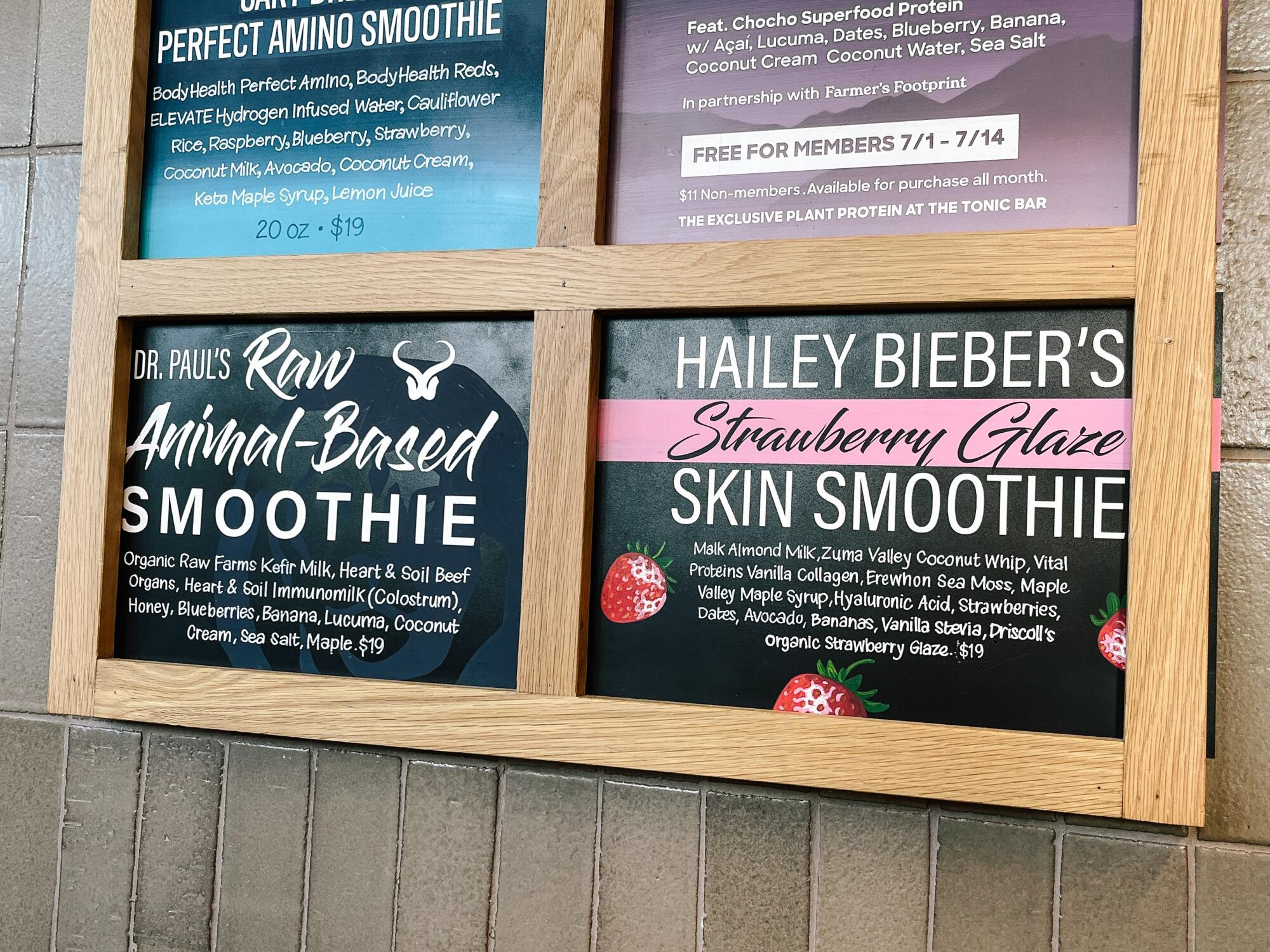 At Erewhon in Culver City, you can see a selection of smoothies, including Dr. Paul's raw, animal-based smoothie.