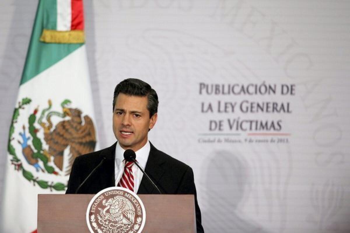 Mexico President Enrique Pena Nieto speaks during the presentation of the Law of Victims initiative in Mexico City on Wednesday, Jan. 9, 2013.