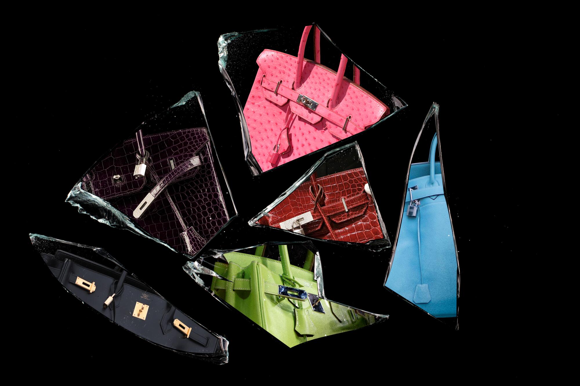 A photo illustration of shards of glass, each superimposed with a different color of Birkin handbag, on a black background