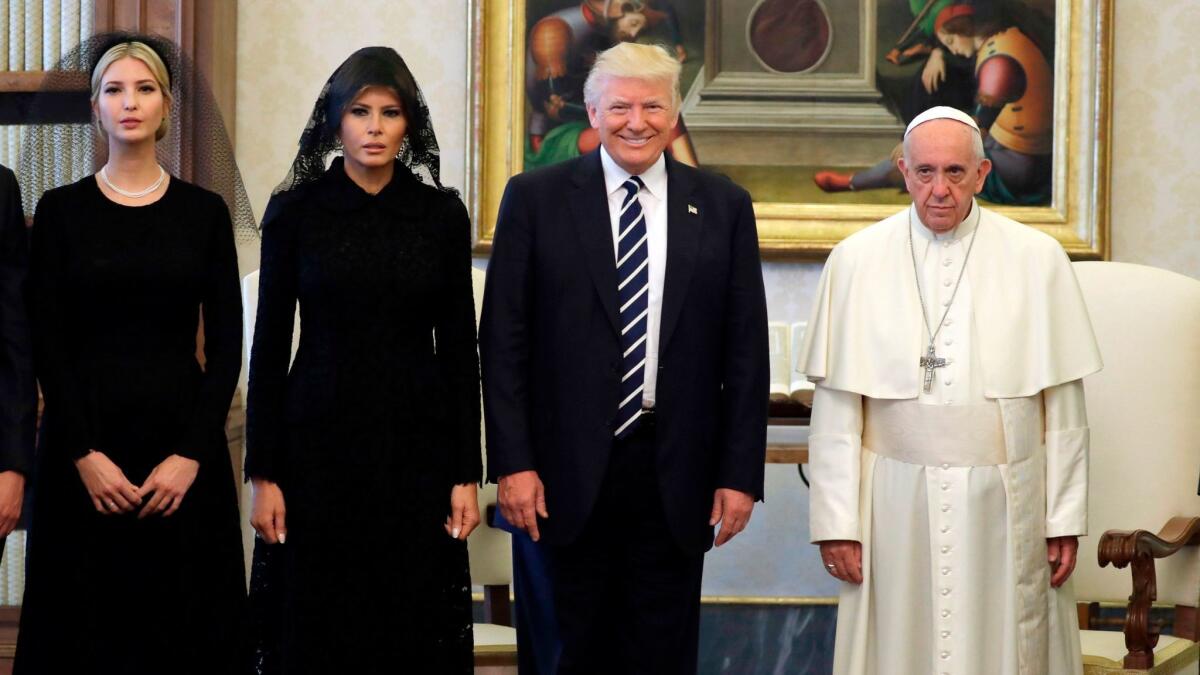 Pope Francis with President Trump, First Lady Melania Trump and Ivanka Trump on May 24, 2017, at the Vatican.