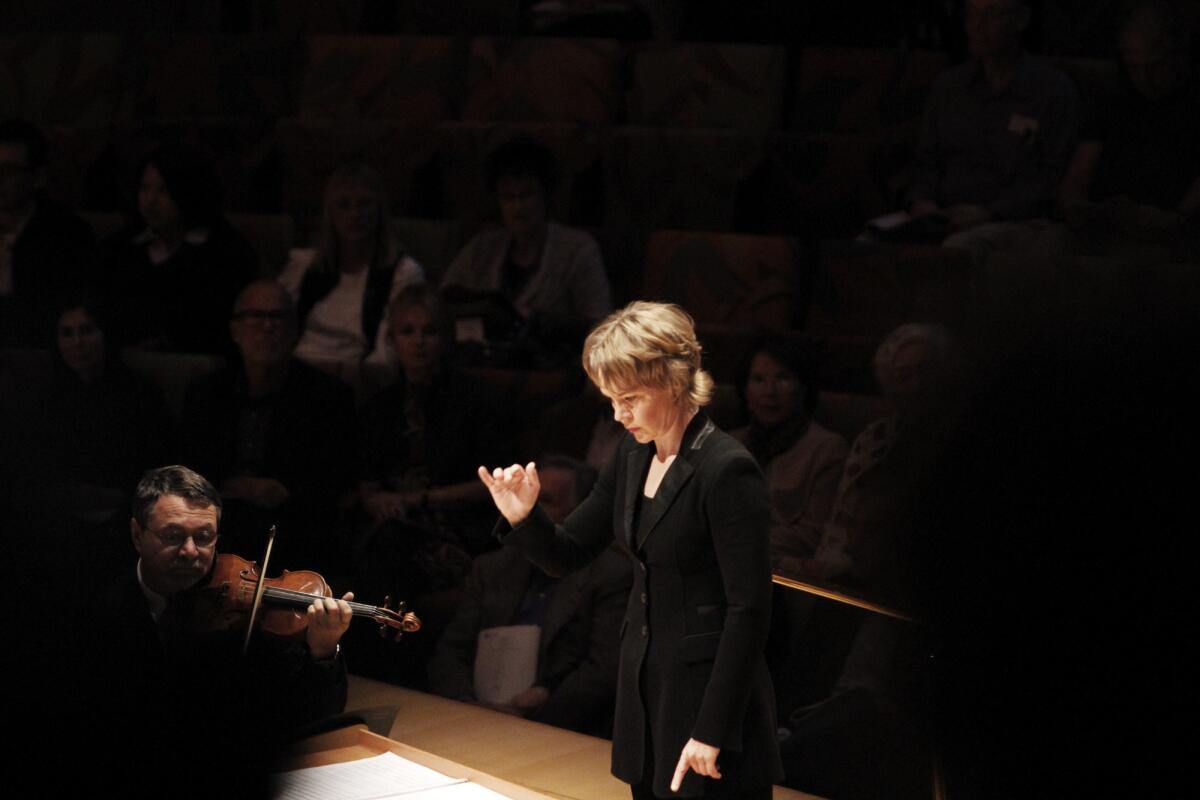 Finnish conductor Susanna Malkki during the U.S. premiere of Mark-Anthony Turnage's "Hammered Out" at the Walt Disney Concert Hall in 2010.