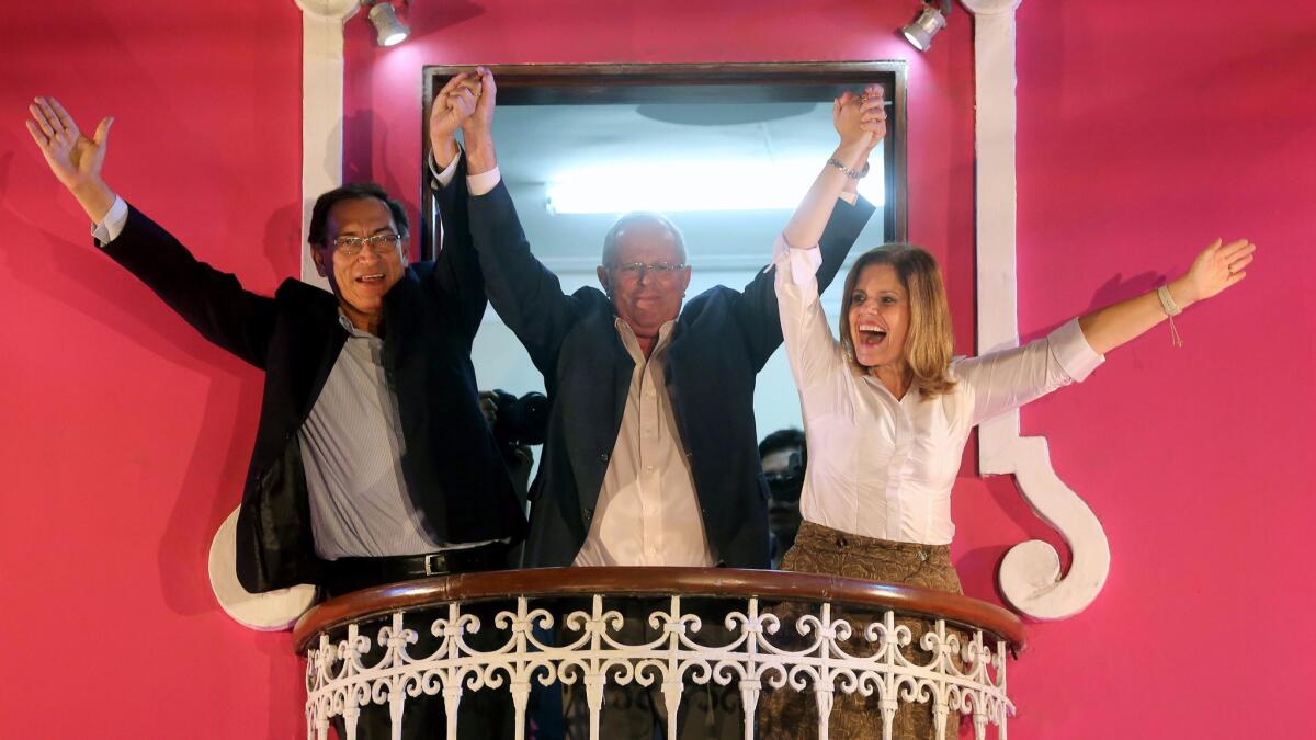 Peruvian presidential candidate Pedro Pablo Kuczynski, center, with his running mates, Martin Vizcarra and Mercedes Araoz, at a rally June 5.