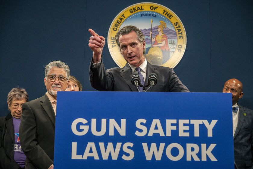 FILE - California Gov. Gavin Newsom answers questions at a press conference in Sacramento, Calif., on Feb. 1, 2023. Newsom announced Thursday, June 8, 2023, that he is proposing an amendment to the United States Constitution that would enshrine into law gun regulations including universal background checks and raising the minimum age to buy a firearm to 21, his latest foray into national politics. (Renée C. Byer/The Sacramento Bee via AP, File)