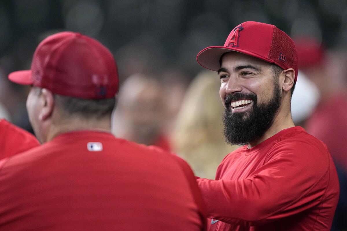 Angels' Anthony Rendon smiles during batting practice before a game against the Houston Astros.