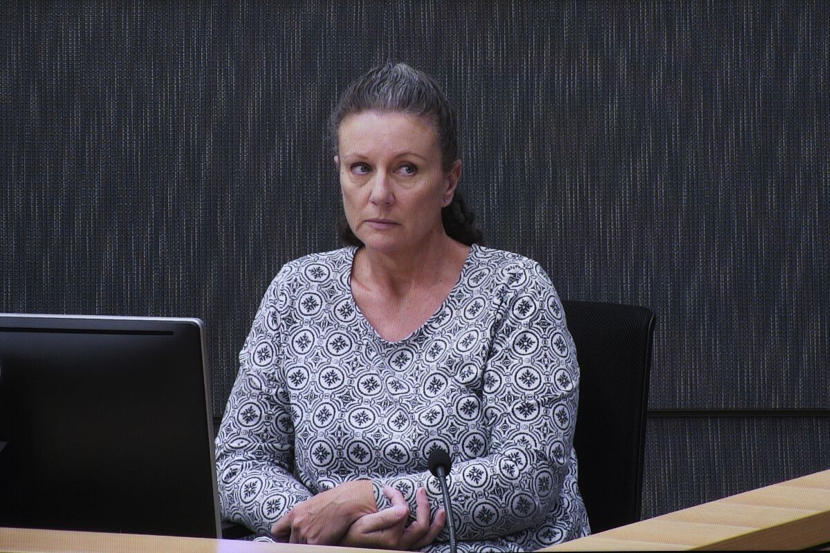 Kathleen Folbigg appears via video link during a convictions inquiry at the New South Wales Coroners Court in Sydney, May 1, 2019. An Australian state attorney general has refused to pardon Folbigg who was convicted of smothering her four children to death over a decade but has announced, Wednesday, May 18, 2022, a new inquiry into whether her offspring could have died of natural causes. (Joel Carrett/AAP Image via AP)