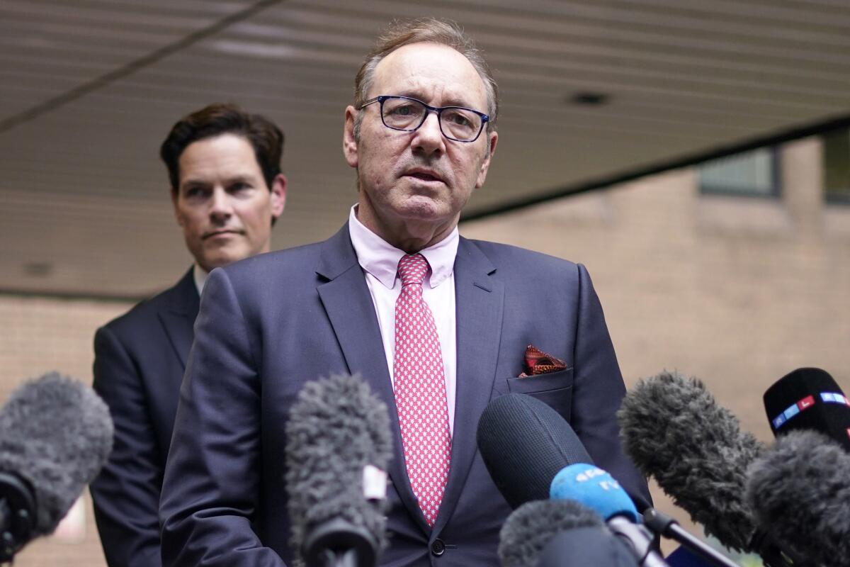 Actor Kevin Spacey addresses the media outside Southwark Crown Court in London, Wednesday, July 26, 2023.