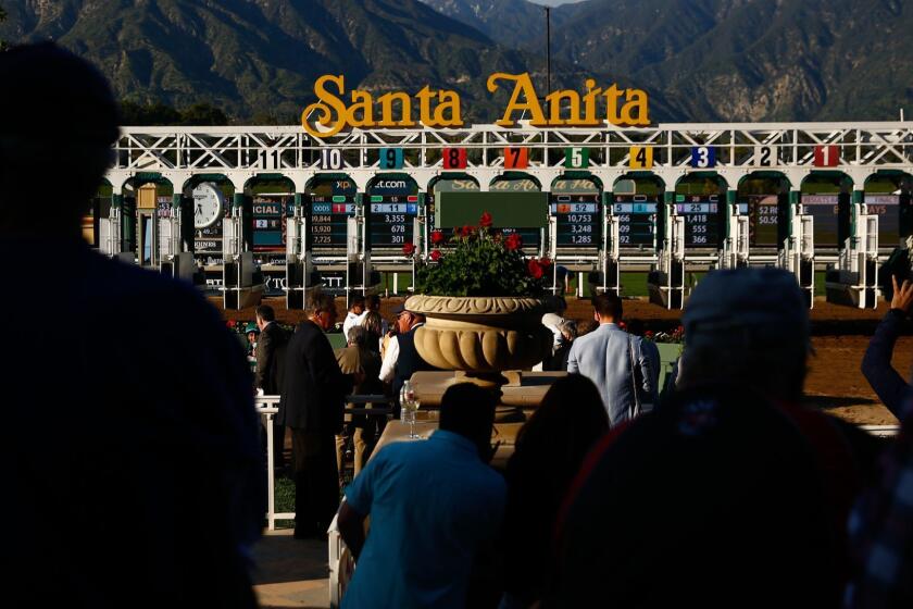 ARCADIA, CALIF. - APRIL 06: The starting gate is moved after a race at Santa Anita Park on Saturday, April 6, 2019 in Arcadia, Calif. (Kent Nishimura / Los Angeles Times)