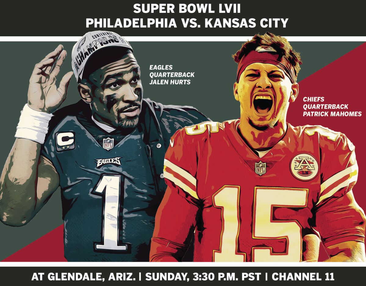 Photo illustration of Eagles quarterback Jalen Hurts and Chiefs quarterback Patrick Mahomes.