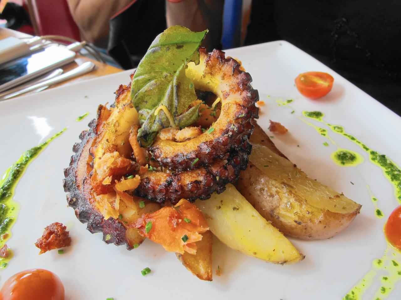 Grilled octopus is served over potatoes at Oda Pacifico restaurant in Valparaiso, Chile. This dish is typical of Chilean seafood preparations that take advantage of the freshness and flavor of the catch from the country’s coastal waters.