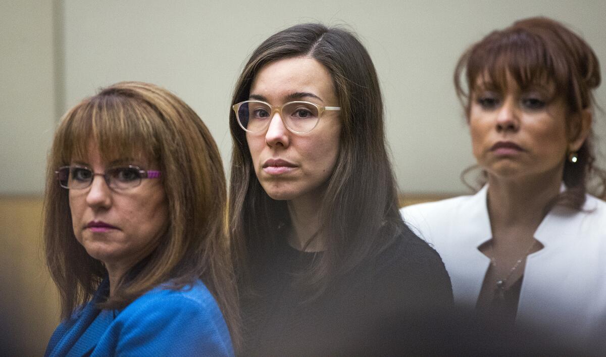 Convicted murderer Jodi Arias, center, watches jurors enter the courtroom before their verdict March 5 on her sentencing in Maricopa County Superior Court in Phoenix. Eleven of 12 jurors favored the death penalty.