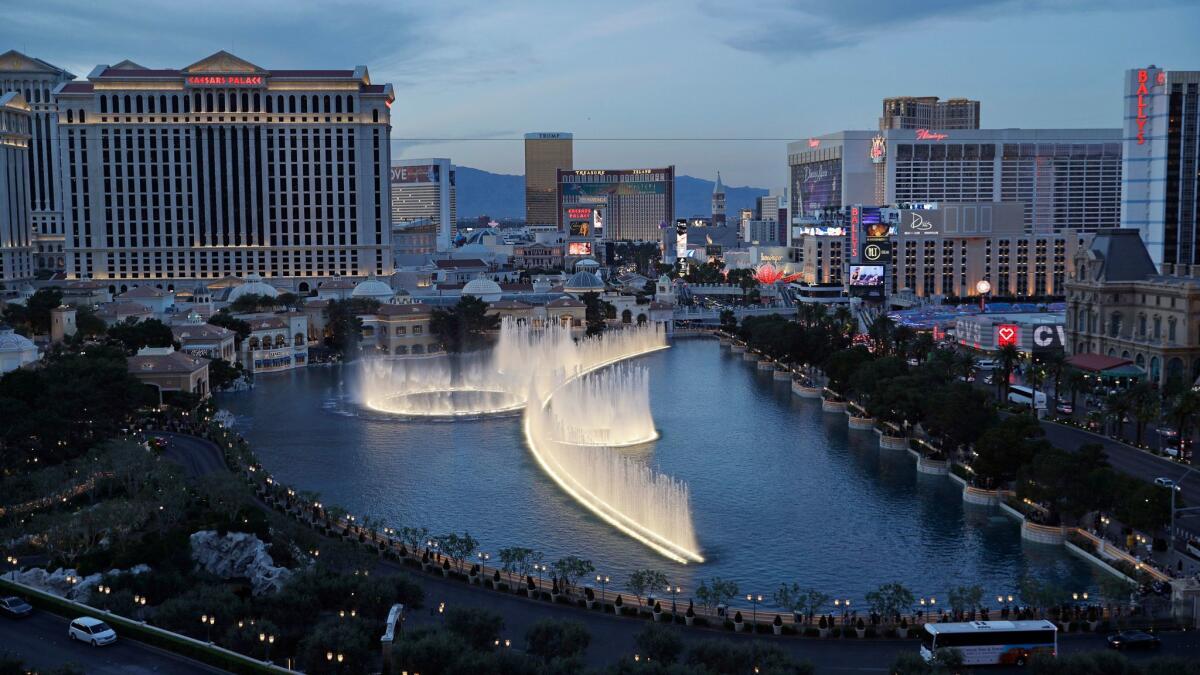 In this April 4, 2017, photo, the fountains of Bellagio erupt along the Las Vegas Strip in Las Vegas. 