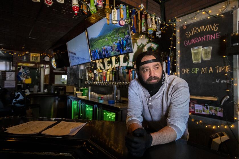 PLACENTIA, CA - MAY 16: Jim Rafferty, owner of one of Orange County's best-known sports bars Kelly's Korner on Saturday, May 16, 2020 in Placentia, CA. The sports bar is effectively grounded as the pandemic shutdowns affecting restaurants limit him to take-out. Like most restaurants and bars, Kelly's has had to pivot drastically to survive. (Brian van der Brug / Los Angeles Times)