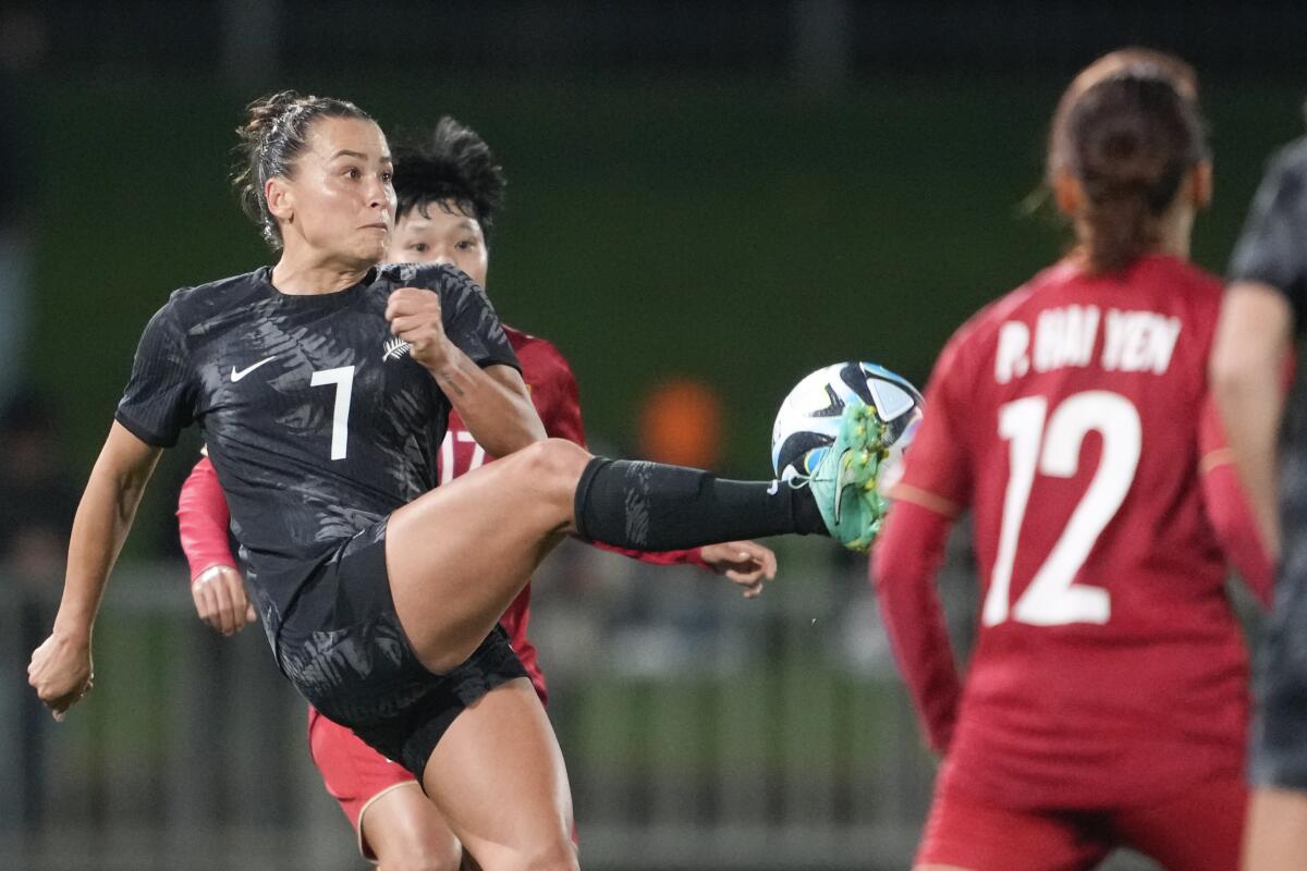 New Zealand's Ali Riley kicks the ball during a World Cup tuneup match against Vietnam on July 10.