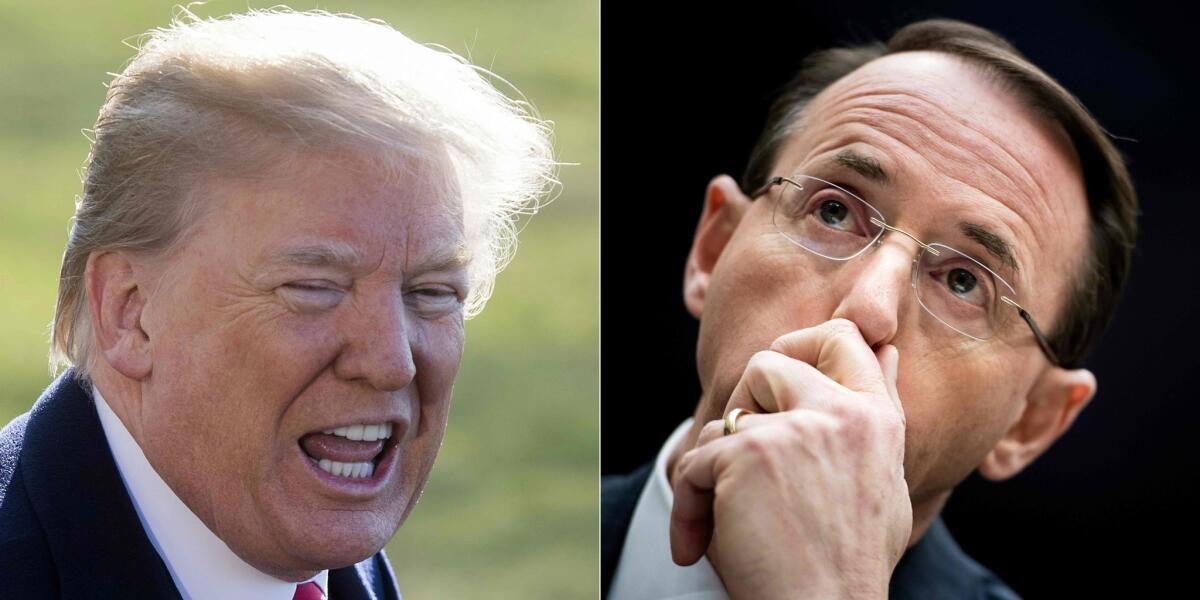 A combination of two photos showing President Trump, left, and Deputy Atty. Gen. Rod Rosenstein, both in Washington, D.C.