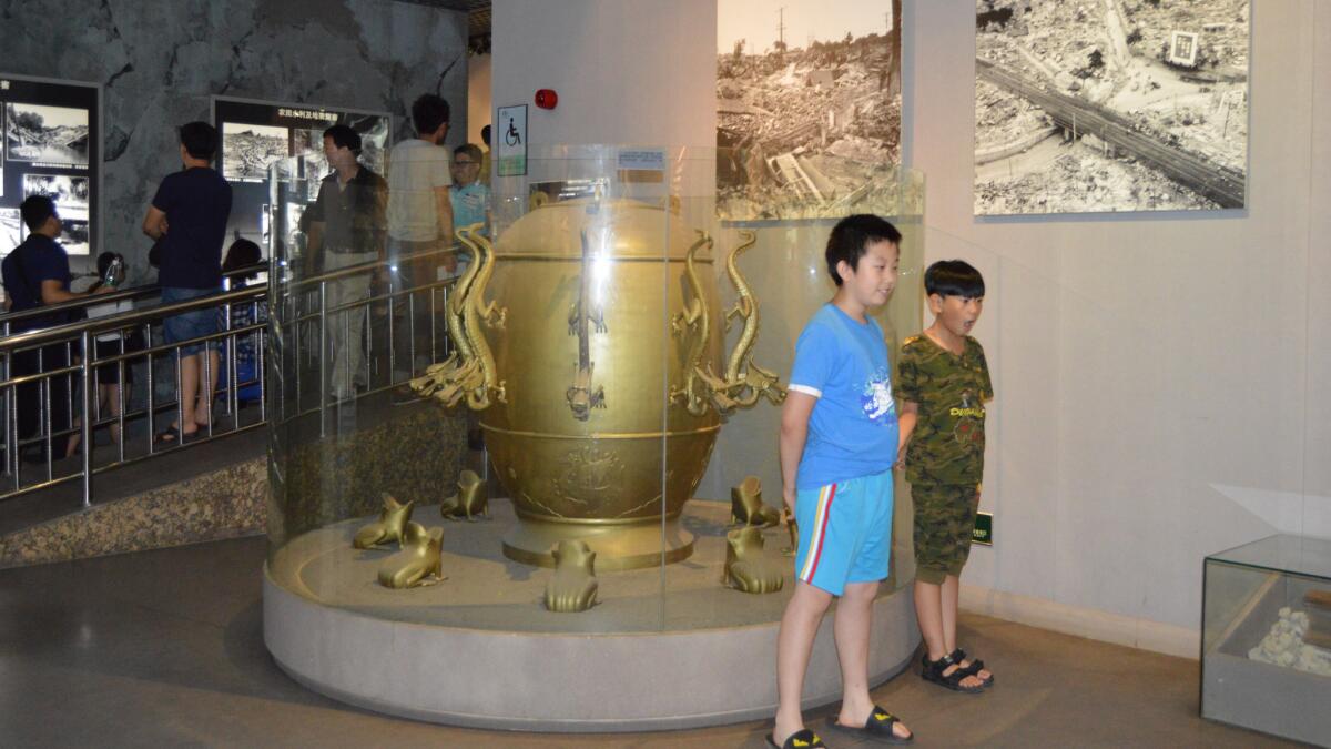 An ancient seismoscope at the Tangshan Earthquake Museum in Tangshan, China