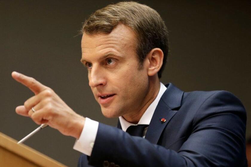 French President Emmanuel Macron speaks to reporters during a news conference at United Nations headquarters, Tuesday, Sept. 19, 2017. (AP Photo/Seth Wenig)