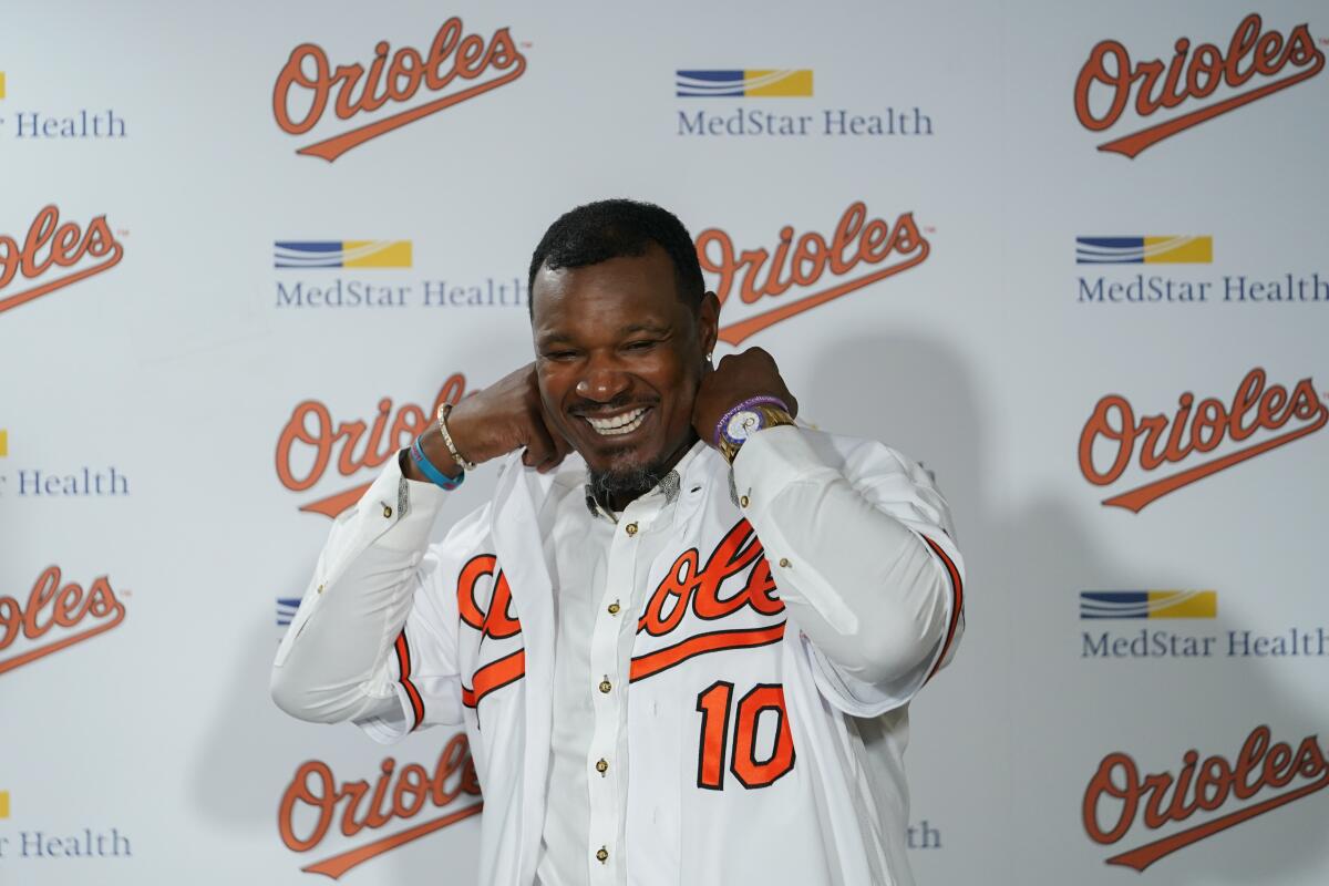 Baltimore Orioles' Adam Jones wears a jersey that reads Orioles