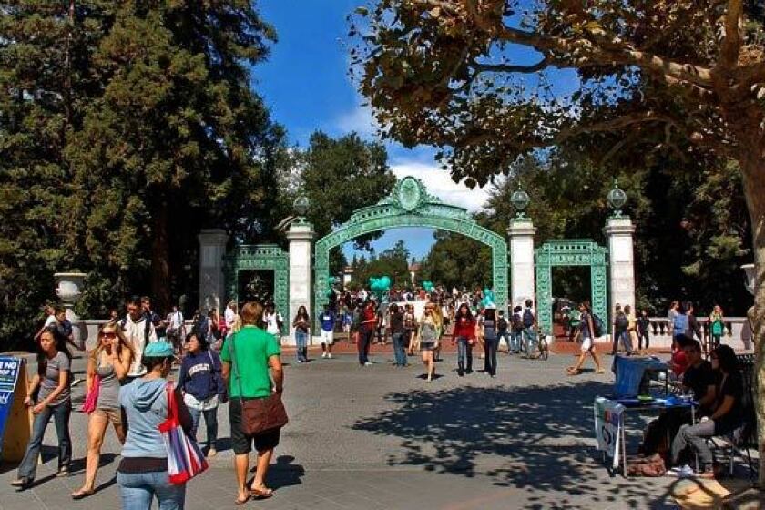Cal students pass through Sather Gate at UC Berkeley.