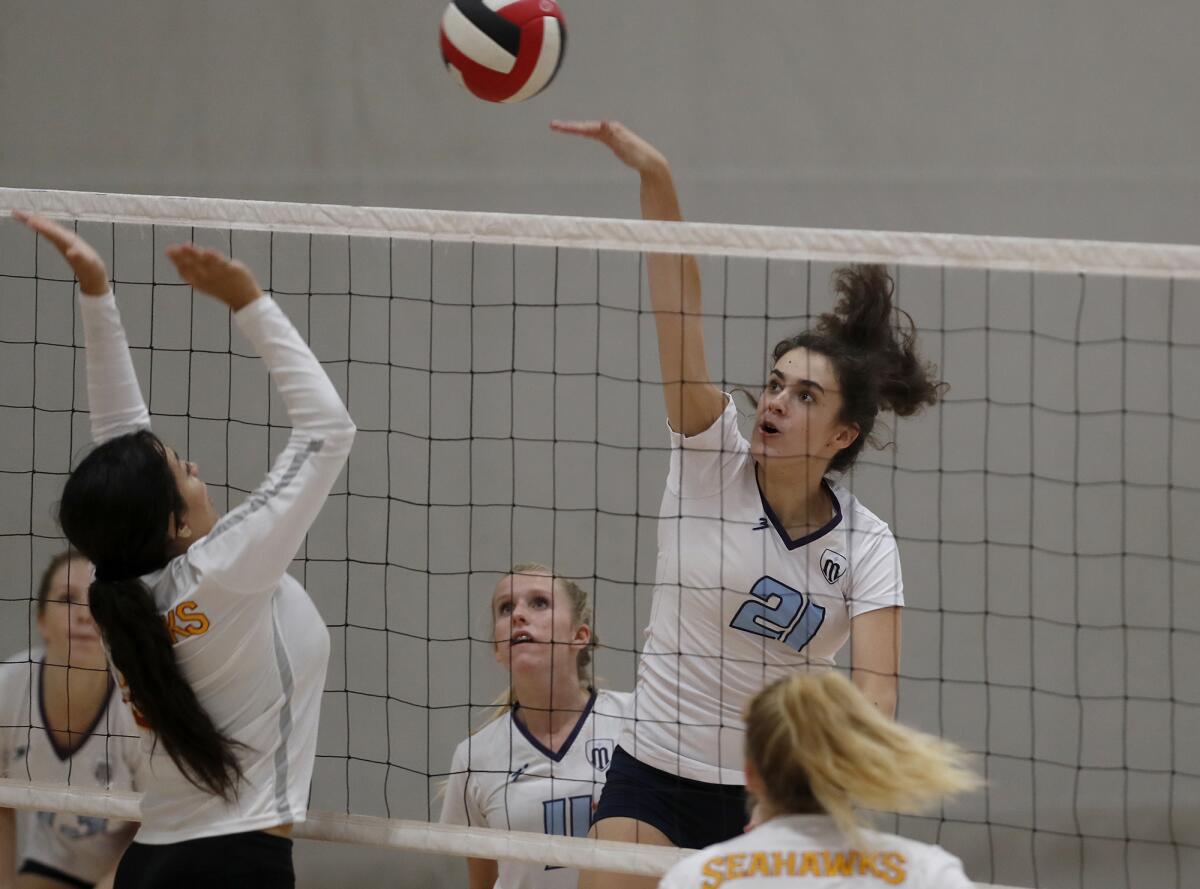 Marina's Jane Paden hits in the first set of a nonleague match at Ocean View on Tuesday.