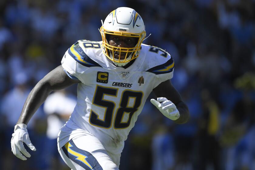 Los Angeles Chargers outside linebacker Thomas Davis plays against the Indianapolis Colts during the second half in an NFL football game Sunday, Sept. 8, 2019, in Carson, Calif. (AP Photo/Mark J. Terrill)
