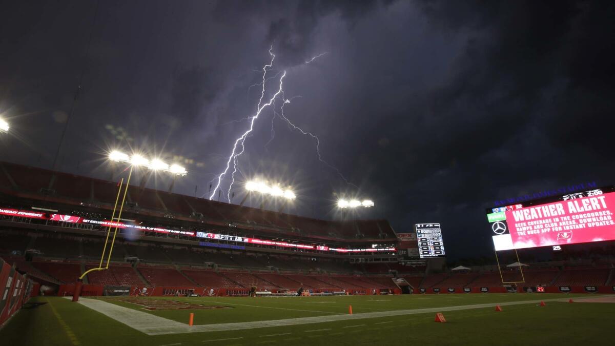 With two minutes left in the game, a lightning storm causes a delay of game.