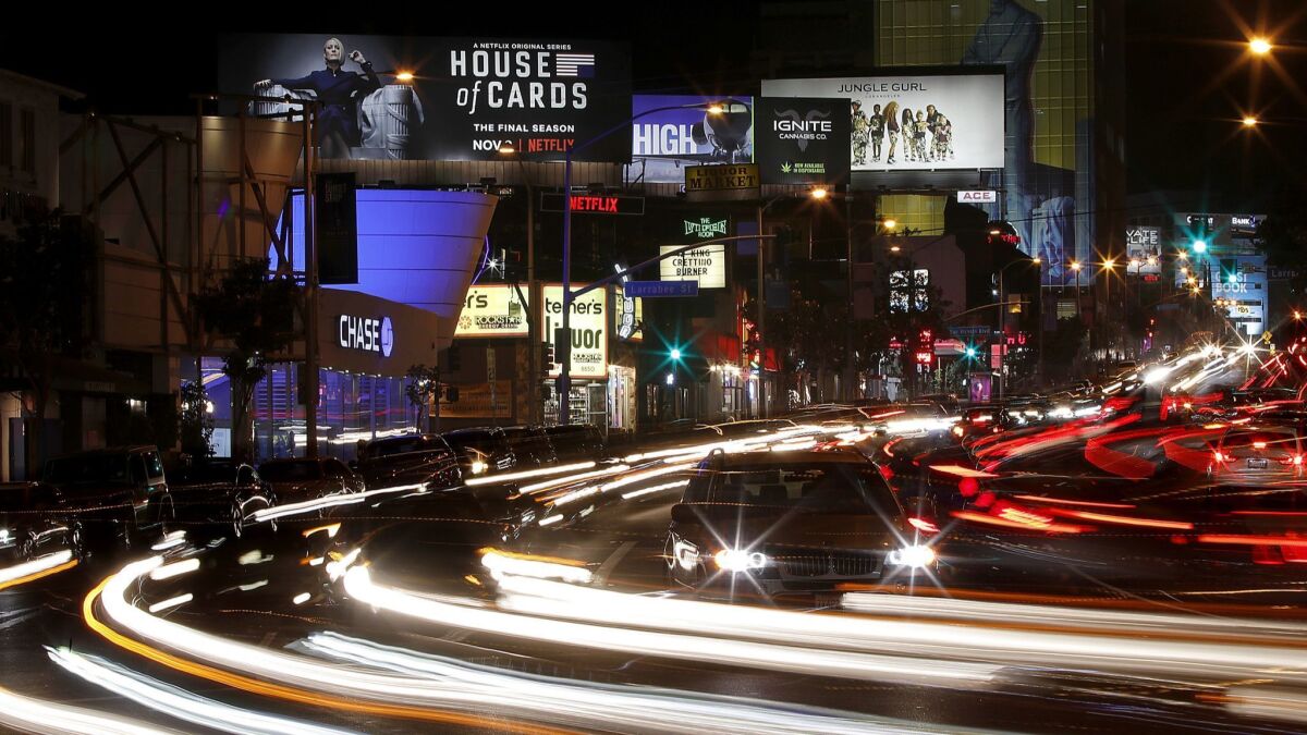 An advertisement for the final season of Netflix's "House of Cards" is featured on a Netflix-owned billboard along the Sunset Strip in West Hollywood.