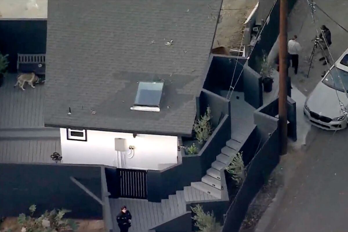 An aerial view of a home in Hollywood Hills with police officers standing nearby