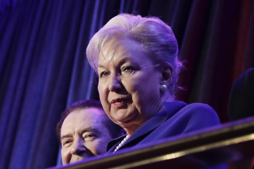 FILE - Federal judge Maryanne Trump Barry, older sister of Donald Trump, sits in the balcony during Trump's election night rally in New York, Nov. 9, 2016. Maryanne Trump Barry, a retired federal judge and former president Donald Trump's oldest sister, has died at age 86 at her home in New York. (AP Photo/Julie Jacobson, File)