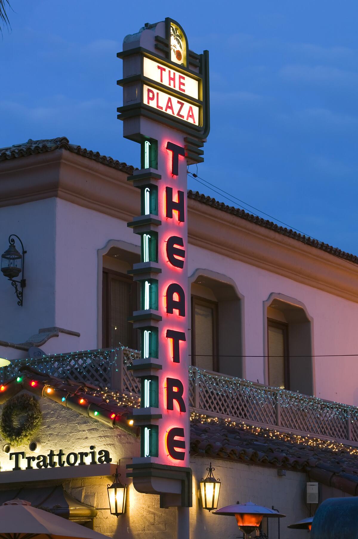 The neon sign on the historic Plaza Theatre in downtown Palm Springs.